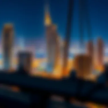 Night view of Al Mulla Tower illuminated against the Dubai skyline