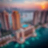 Aerial view of Blue Water Residence showcasing its stunning architecture against the Dubai skyline