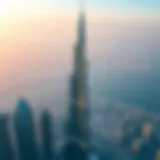 An aerial view of Burj Khalifa showcasing its towering height against the skyline.