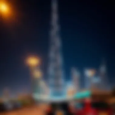 A nighttime shot of Burj Khalifa illuminated, symbolizing its iconic presence in Dubai.