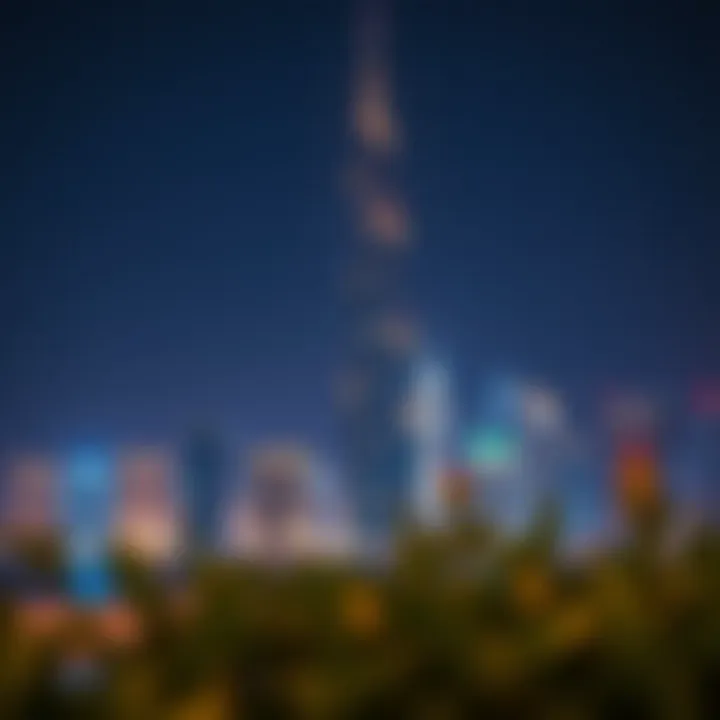 Illuminated Creek Tower Against Dubai Skyline Night view of Creek Tower with city skyline