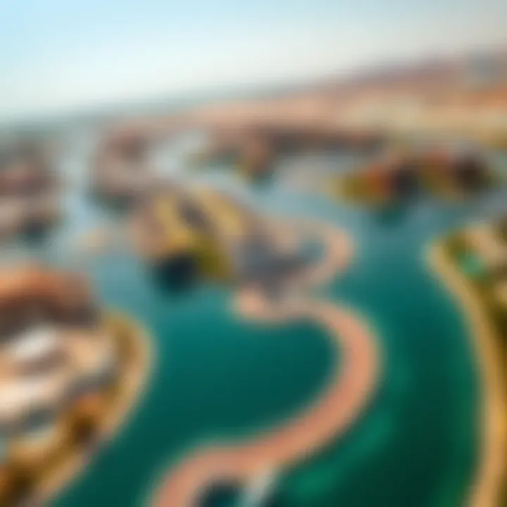 Aerial View of Unique Waterways at Damac Lagoons Aerial view of the Damac Lagoons project highlighting its unique waterways