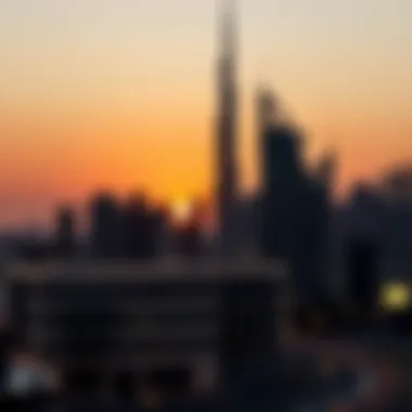 Dulf Tower Sunset Silhouette Dulf Tower at sunset, illuminating its modern silhouette against the Dubai skyline