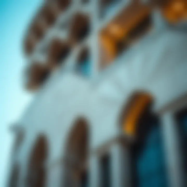 Close-up of Al Kawsar Tower's architectural details, highlighting the intricate design and modern materials used.