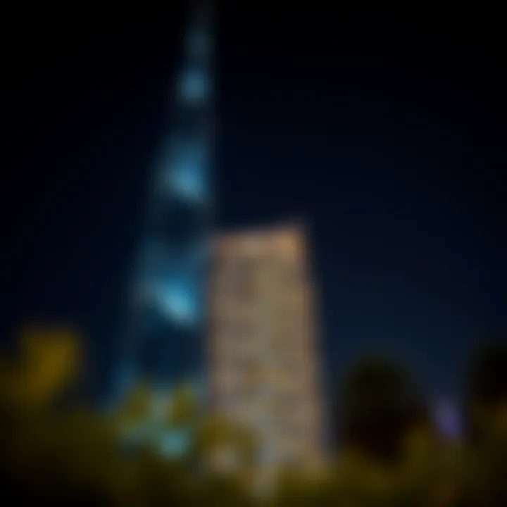 The illuminated facade of Al Kawsar Tower at night, demonstrating its striking presence and design.