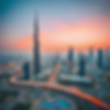 A panoramic shot of Dubai's skyline featuring Al Kawsar Tower, capturing the urban landscape from a distance.