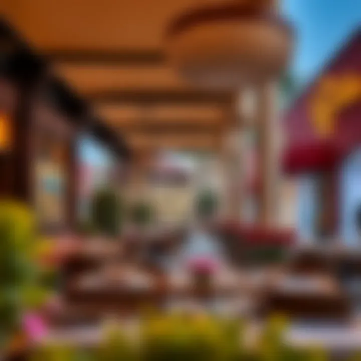 An outdoor dining area with a view of the shopping experience