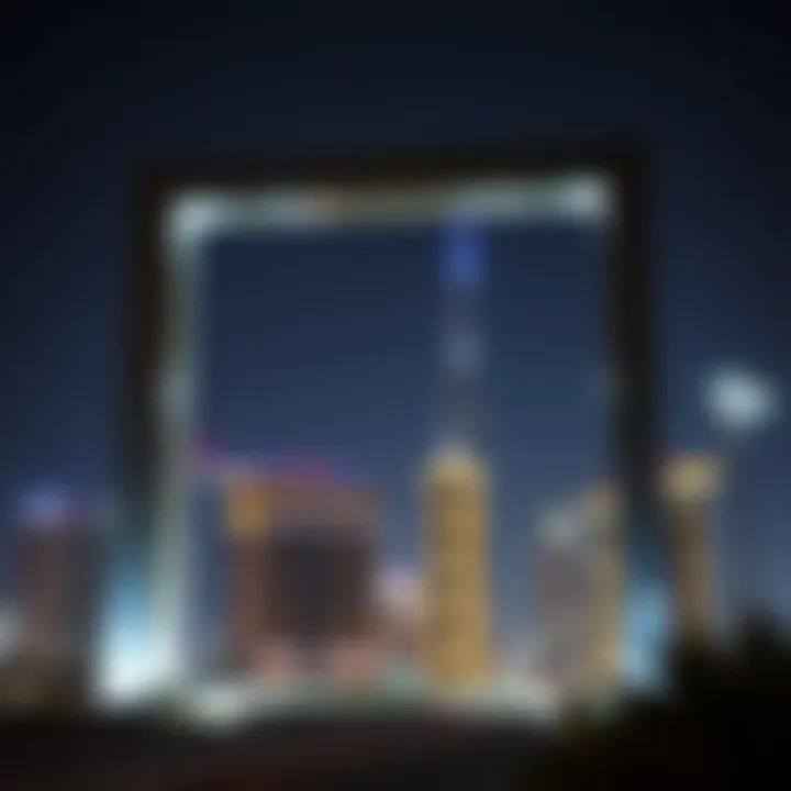 Illuminated Dubai Frame at Night Night view of Dubai Frame illuminated against the city skyline