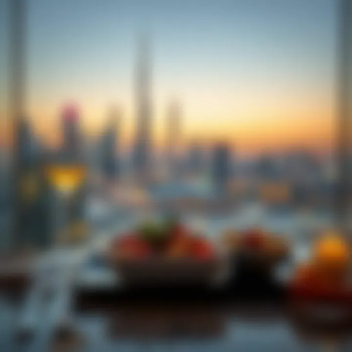 Luxurious dining experience with city skyline in the background