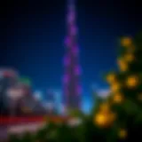 A breathtaking view of the Burj Khalifa surrounded by festive lights during the holiday season.