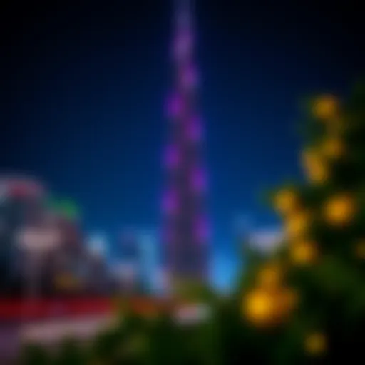 A breathtaking view of the Burj Khalifa surrounded by festive lights during the holiday season.