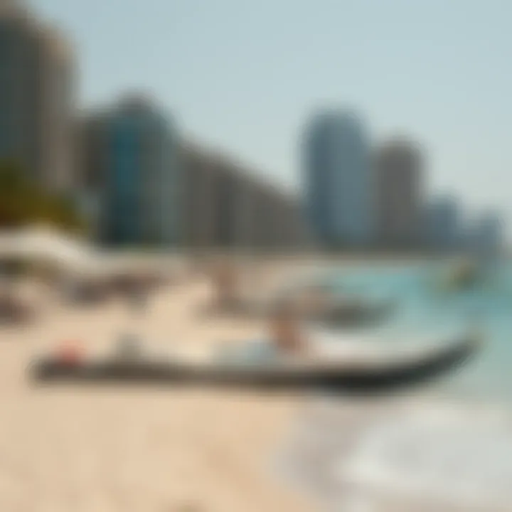 Relaxation and leisure at the beach with sunbathers and water activities