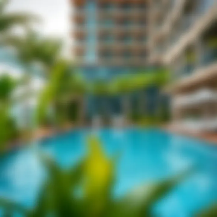 Swimming pool amenities at Marina View Tower surrounded by greenery