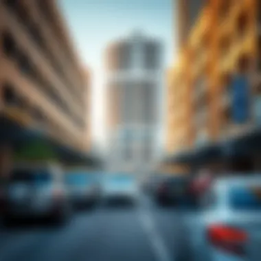 A busy street in Dubai with parked cars and modern parking structures