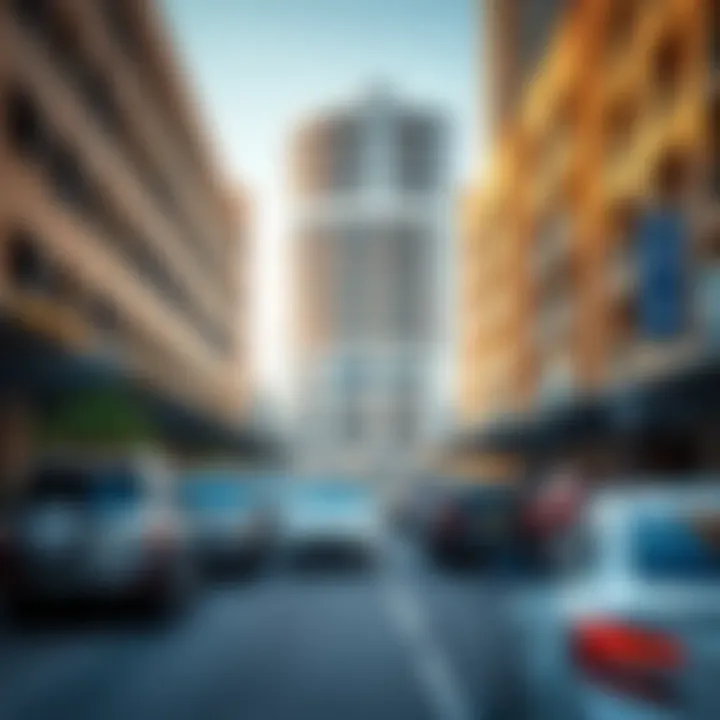 A busy street in Dubai with parked cars and modern parking structures
