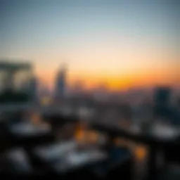 A panoramic view of Dubai's skyline from a rooftop restaurant at sunset