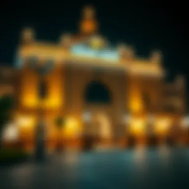 Cultural venue lit up at night showcasing traditional architecture