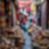 A vibrant marketplace filled with colorful textiles and spices