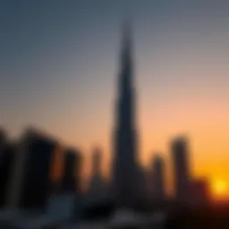 Stunning view of Burj Khalifa against a sunset backdrop