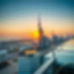 Panoramic view of Dubai Marina Beach at sunset