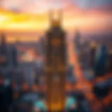 Panoramic view of Golden Crown Tower at dusk