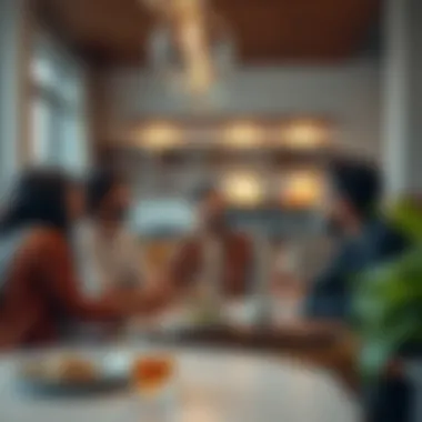 A diverse group of friends discussing social norms around cohabitation