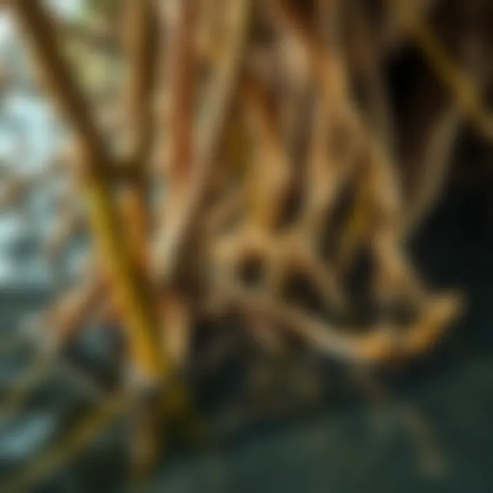Close-up of mangrove roots submerged in water, highlighting their unique structure and ecological role