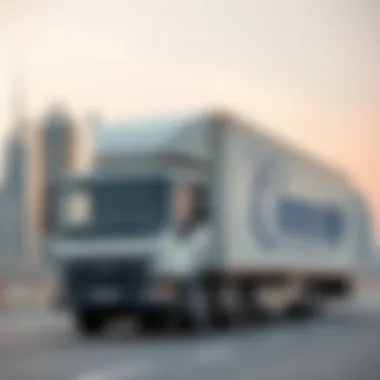 A modern moving truck in Dubai showcasing the city's skyline