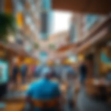 Bustling Local Cafes and Shops in Azizi Meydan Local cafes and shops in Azizi Meydan bustling with activity.