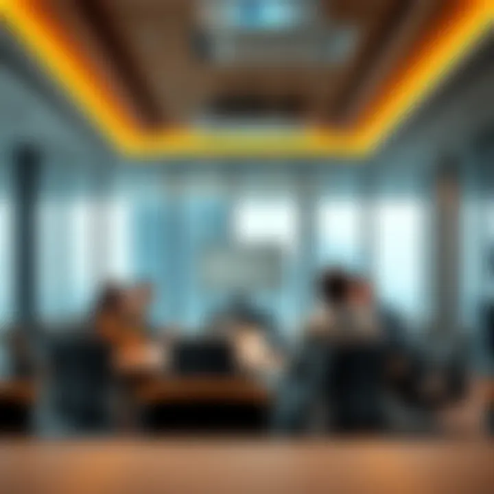 Business professionals discussing strategies in a modern conference room