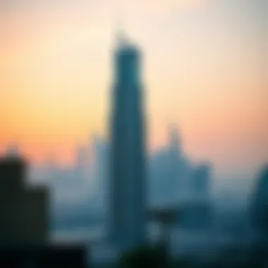 Palladium Tower Against the Dubai Skyline at Sunset Palladium Tower at sunset with the Dubai skyline in the background