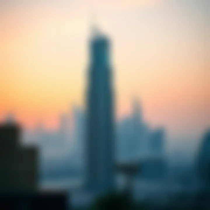 Palladium Tower Against the Dubai Skyline at Sunset Palladium Tower at sunset with the Dubai skyline in the background