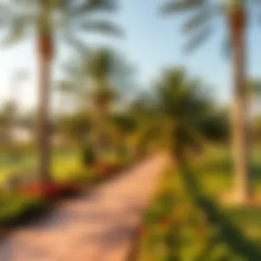 A picturesque walking path surrounded by trees in Rabdan Park