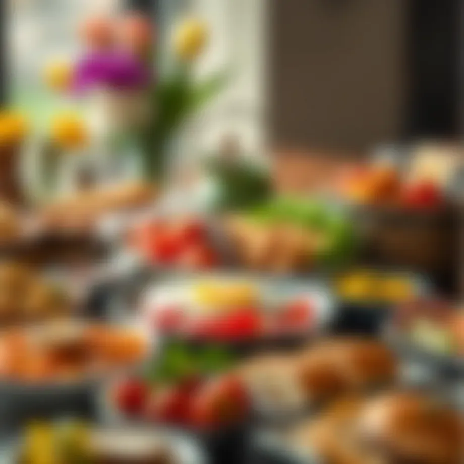 A vibrant spread of traditional Arabic breakfast dishes featuring fresh ingredients