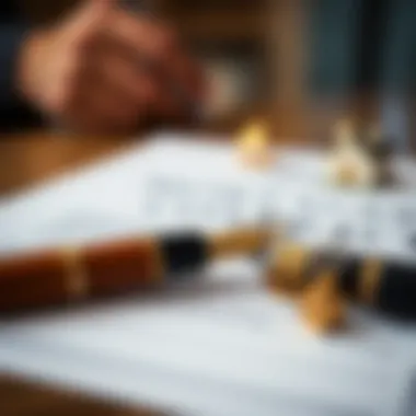 Finalizing Mortgage Contracts A close-up of a contract with a fountain pen and a house key