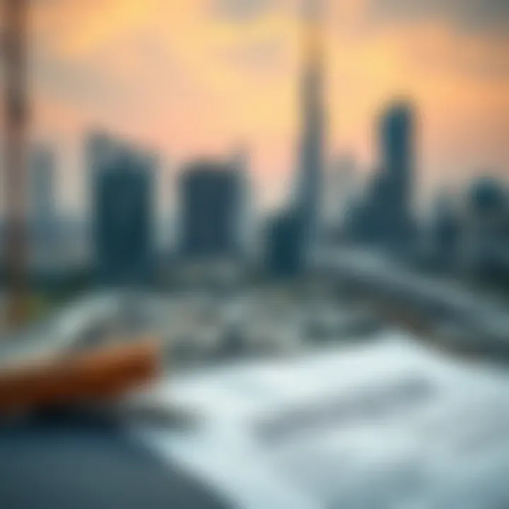 Construction regulations document with Dubai skyline in background