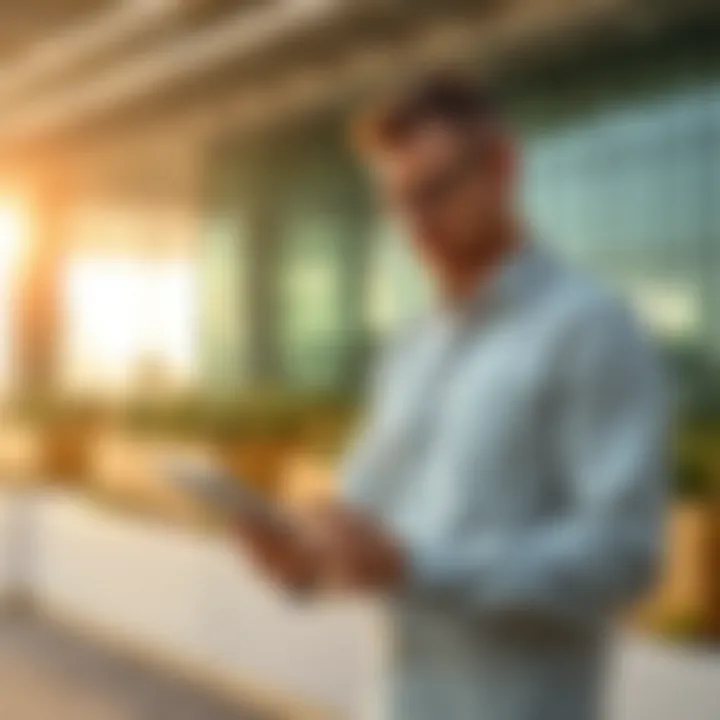 Investor analyzing land plots on a digital tablet